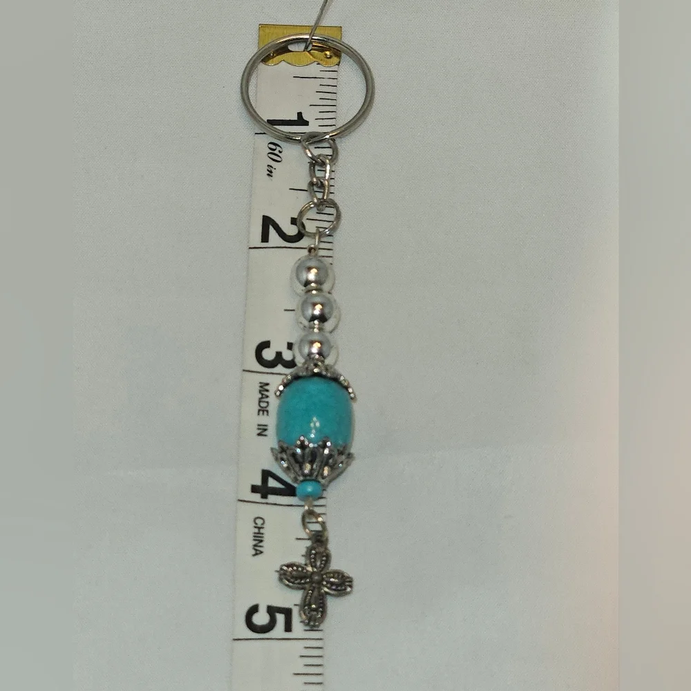Elegant Turquoise Stone Silver-Toned Ornate Cross Keychain Keyring Handmade
